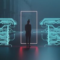 AI-identityintelsys A dark silhouette of a person sits in the center of a rectangular box intended to represent an identity intelligence and scanning system in abstract form.